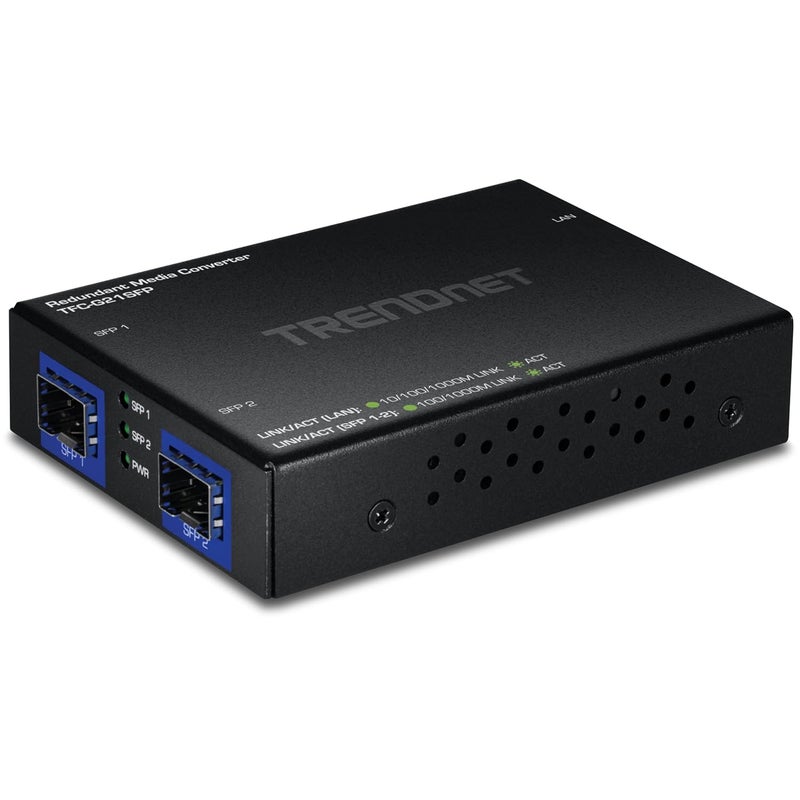 Trendnet 1000BASE-T to Dual SFP Fiber Media Converter with Redundant Mode, TFC-G21SFP, 1 x Gigabit RJ45 Port, 2 x Gigabit SFP Ports, NDAA & TAA Compliant - Image 1